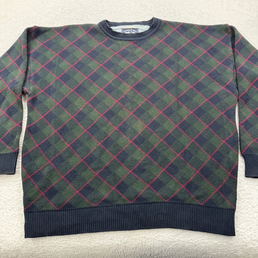 WOODS & GRAY Mens XLT Argyle Sweater Green Navy Red Crew Neck 100% Cotton